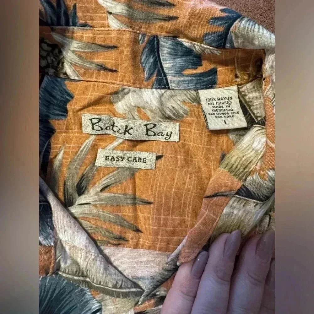 Batik Bay Hawaiian Shirt | Size Large | Orange with trees and fish